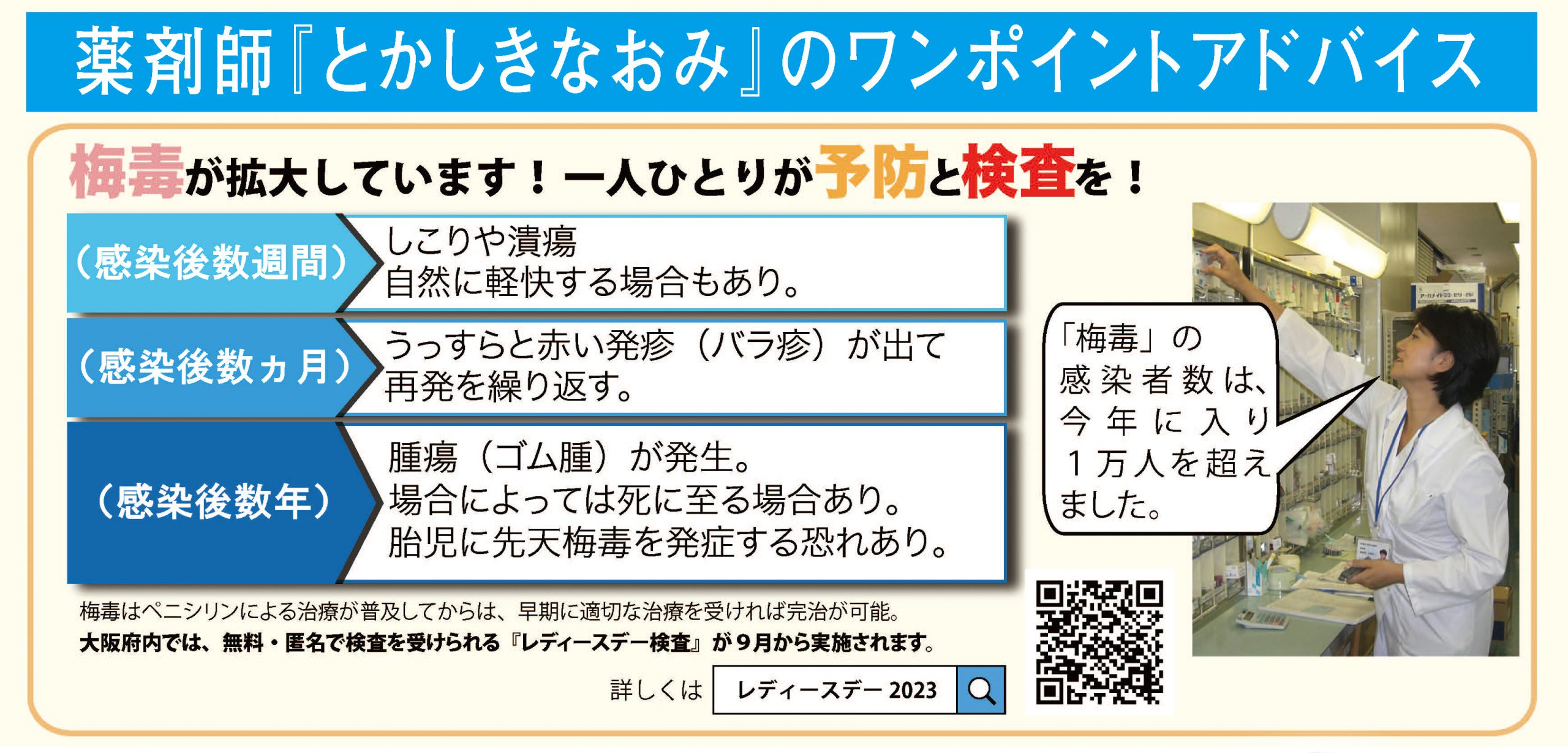 薬剤師『とかしきなおみ』のワンポイントアドバイスー梅毒が拡大しています！一人ひとりが予防と検査を！ー