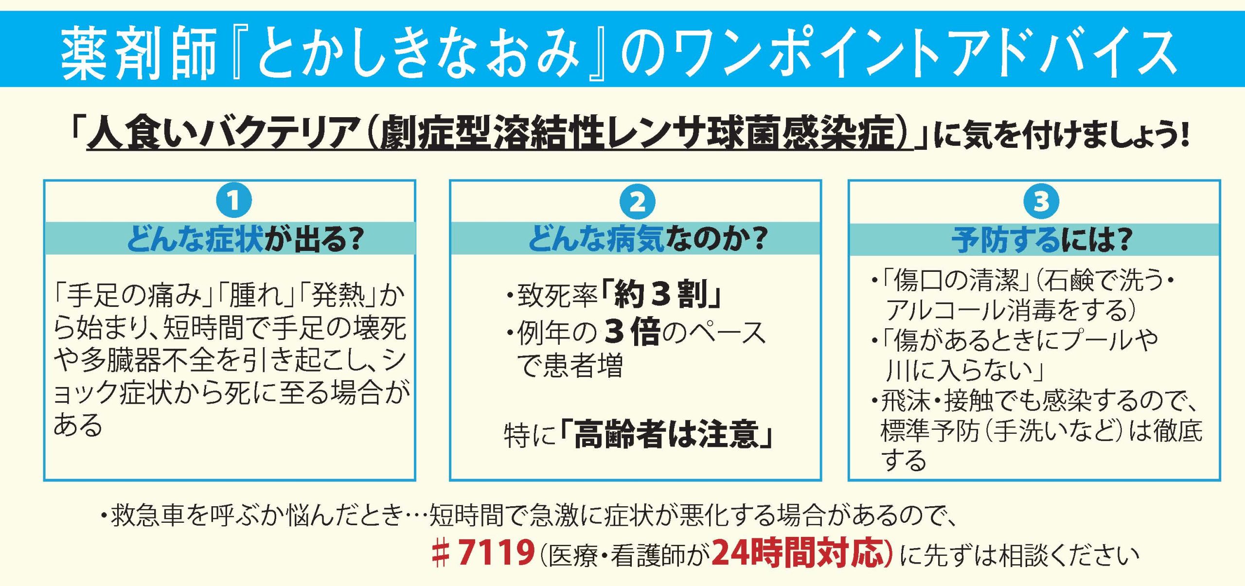 薬剤師『とかしきなおみ』のワンポイントアドバイスー人食いバクテリアに気を付けましょうー